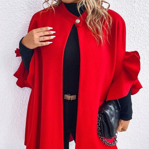 Red Preppy Womens Plus Ruffle Trim Batwing Sleeve Overcoat - Picture 6 of 6